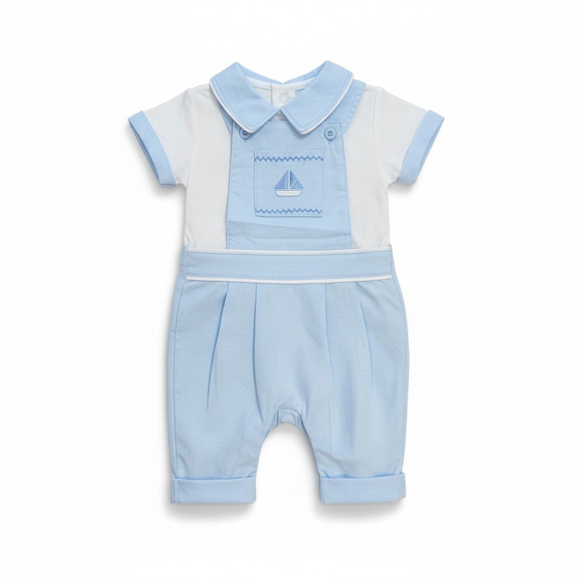 Baby Boys White Sky Blue Sailor Dungaree 2PC Set- NB-6M