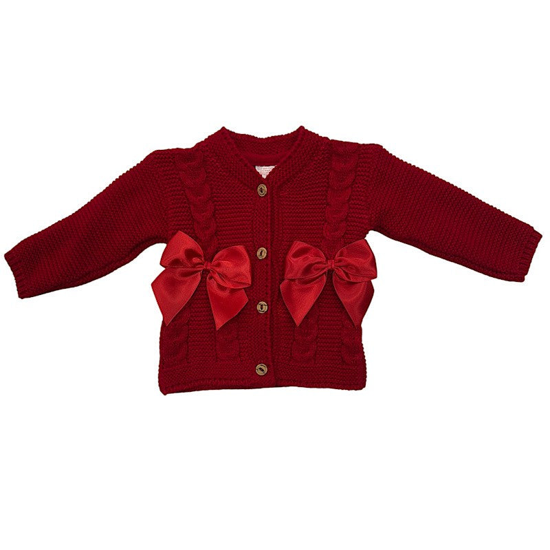Red cardigan with large bows