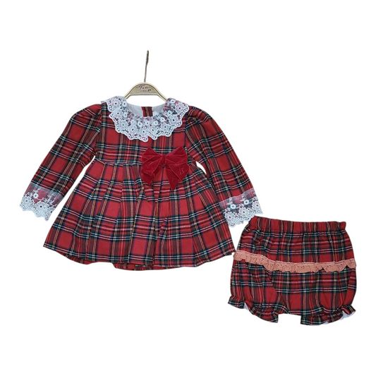 Baby Girl's Red Tartan Laced Bow 2PC Dress Christmas Set 0-24M