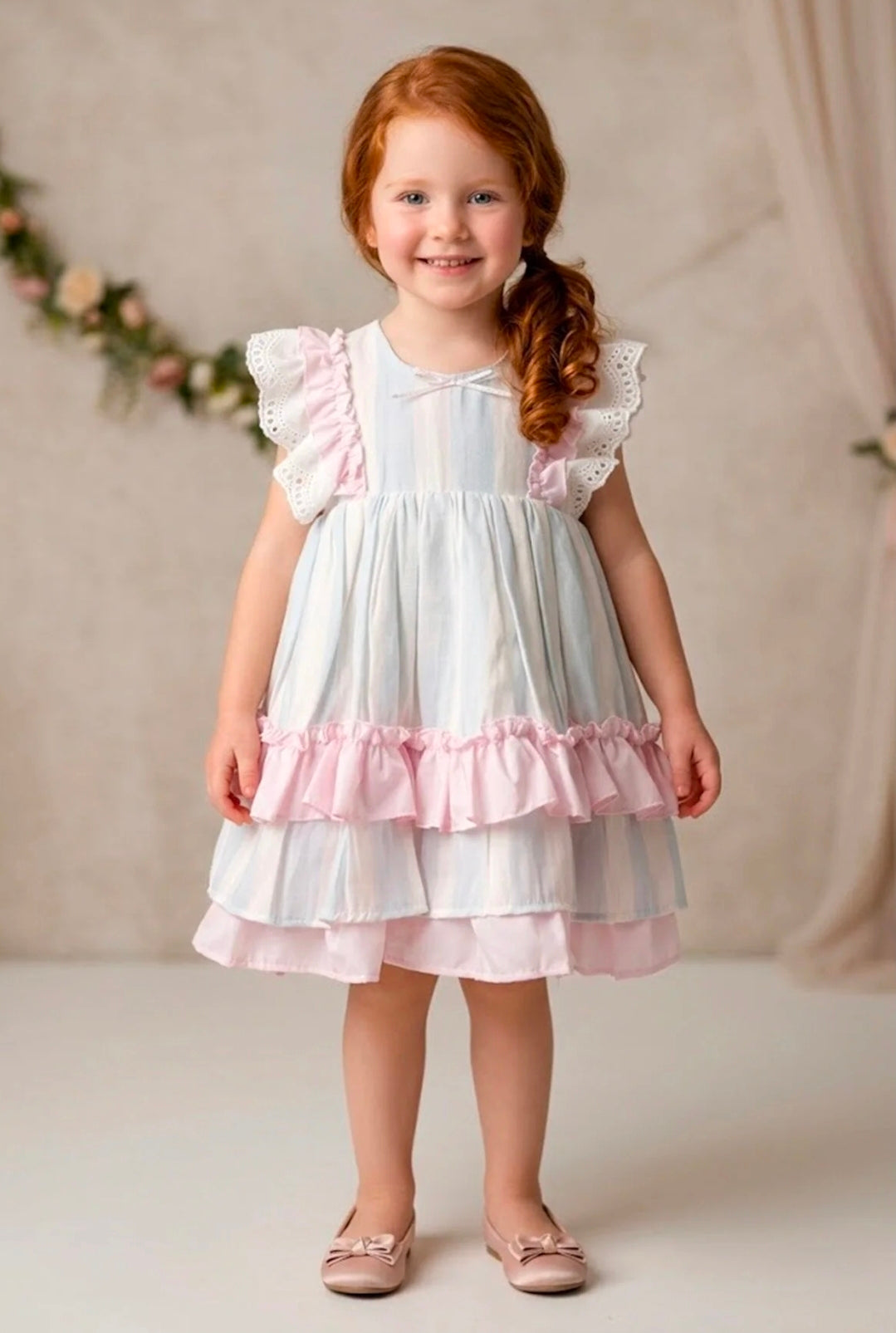 Baby Girls Cap Sleeve Pink,Blue & White Summer Dress