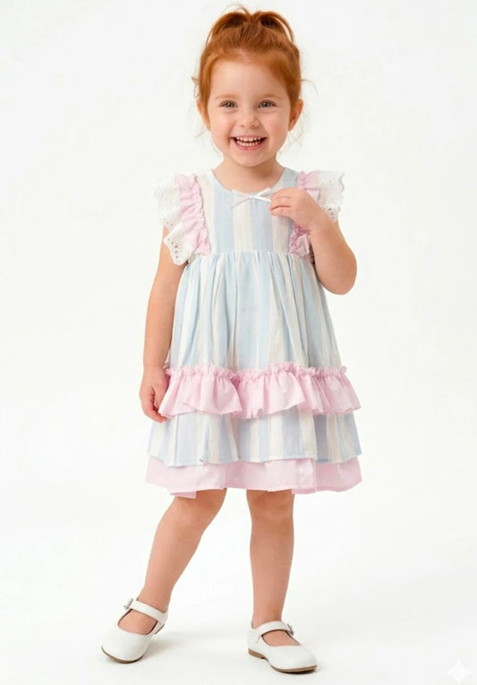 Baby Girls Cap Sleeve Pink,Blue & White Summer Dress
