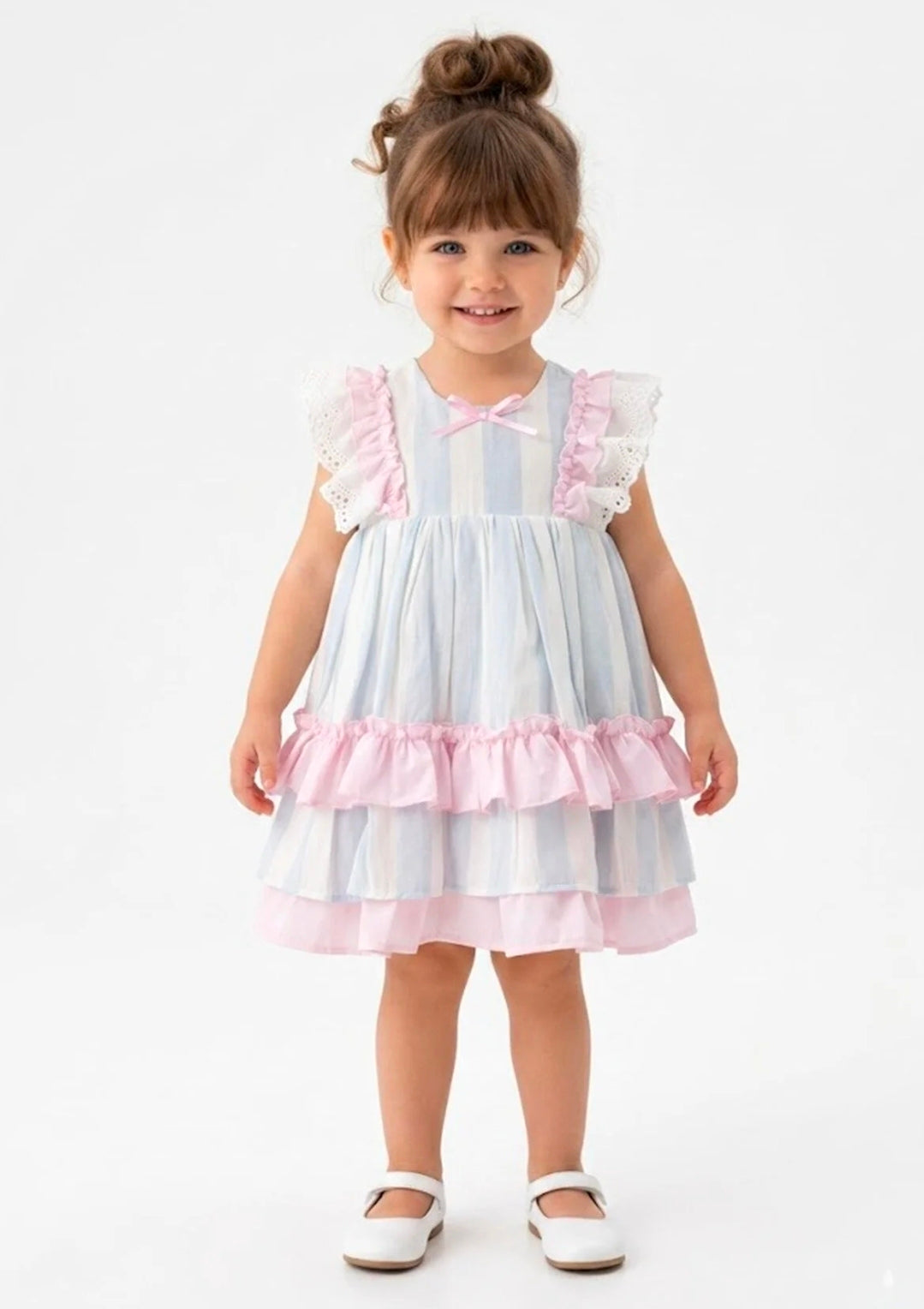 Baby Girls Cap Sleeve Pink,Blue & White Summer Dress