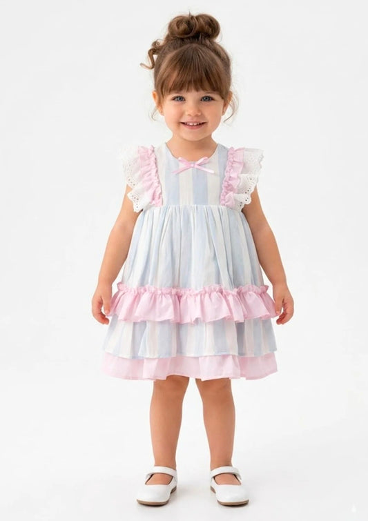 Baby Girls Cap Sleeve Pink,Blue & White Summer Dress