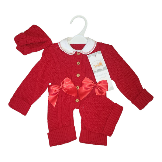 Baby Girls Red Knitted 3pc Romper Set With Matching Hat & Booties- 3-12 Months