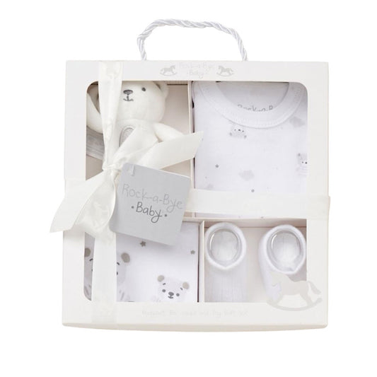 Baby Boy or Girl 4pc Teddy Box Gift Set- Age 0-3M