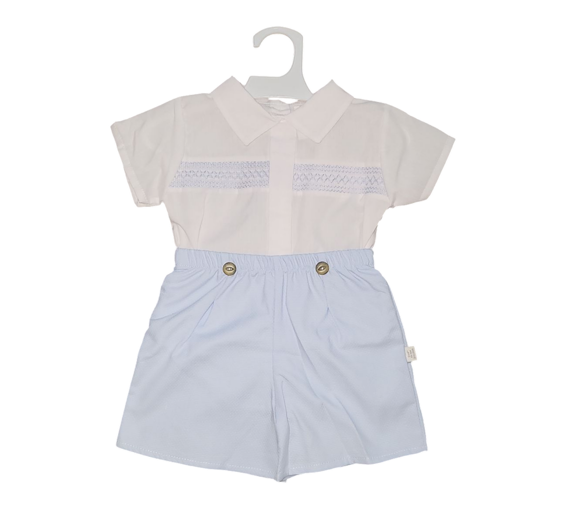 A baby boy's short sleeve shirt and shorts set in sky blue color, with the shirt featuring a collar and short sleeves, and the shorts with a button fly.