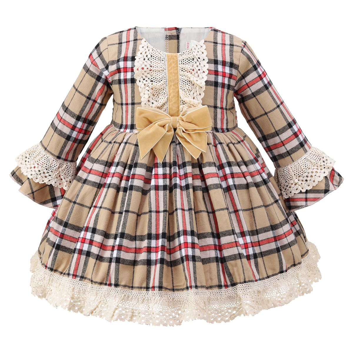 Plaid dress with lace details and a bow