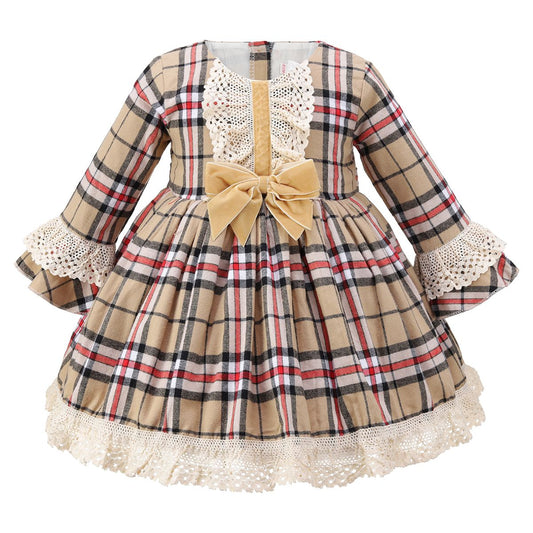 Plaid dress with lace details and a bow
