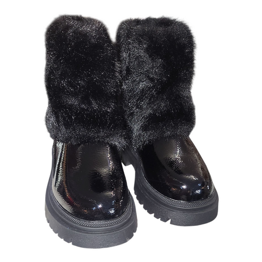 Black Shiny Fur Look Boots- Charlie's Fashions Dartford