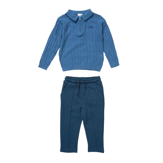 Boys Blue Two-Tone Tweed Print Motif Polo Shirt & Trousers- Ages 2 to 4 Years