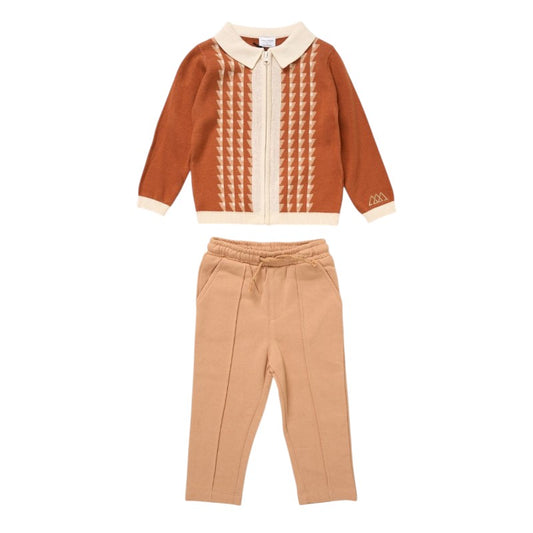 Boys Burnt Orange & Beige Two-Tone Geometric Motif Polo Shirt & Trousers- Ages 2 to 4 Years