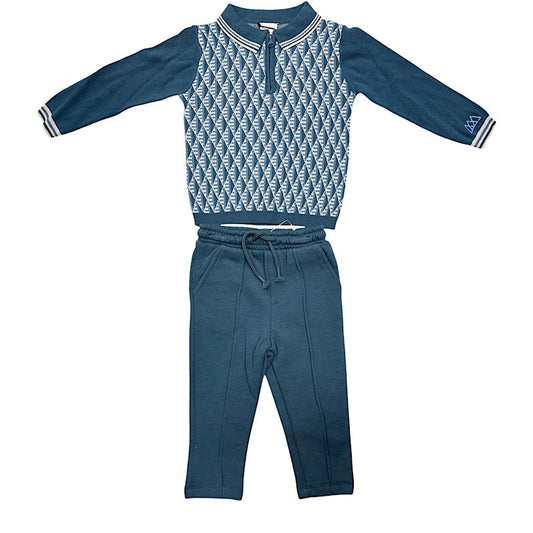 Boys Navy Two-Tone Geometric Motif Polo Shirt & Trousers- Ages 2 to 4 Years