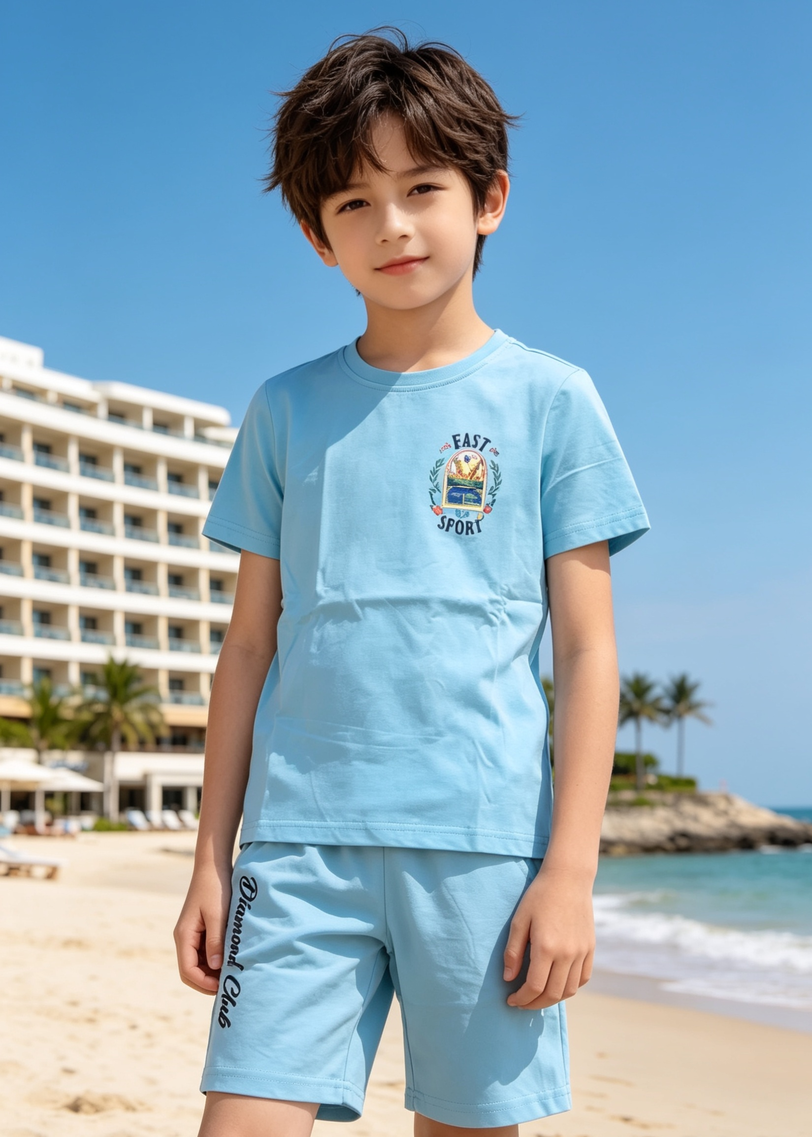 Boys Printed Summer T-Shirt & Shorts Set- Sky Blue