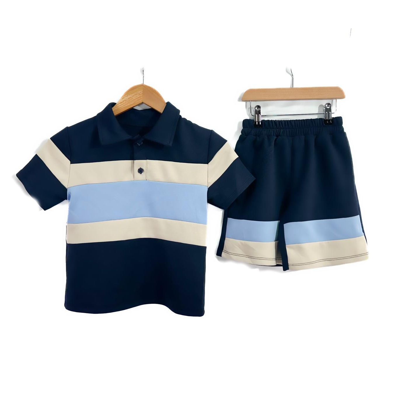 Boy's Striped Polo Shirt & Shorts Set- Tri Colour