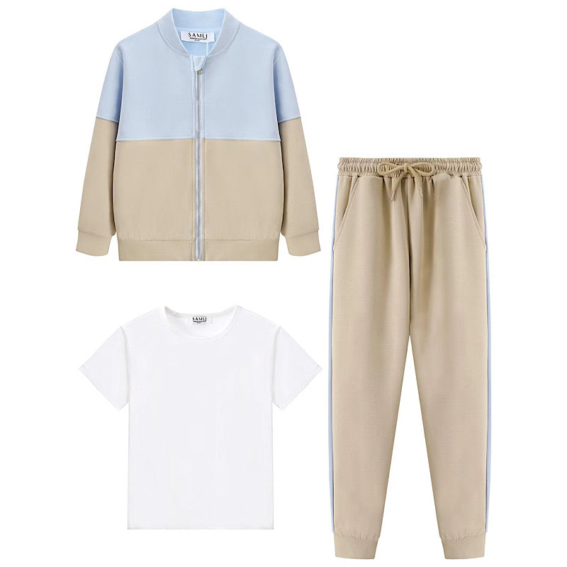 Boys Two-Tone Blue & Beige 3pc Zipped Jacket, Trousers & T-Shirt Set 2-8 Years