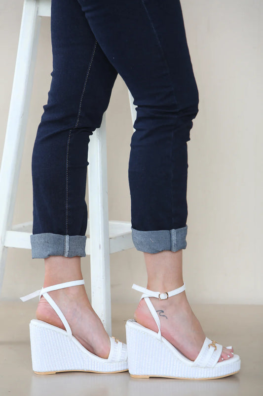 Womens White Basket Weave Wedge Sandals With Trim Buckle Detail