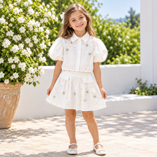 Girls Embellished Puff Sleeve Top & Skirt Set- White or Yellow- Ages 4 to 14 Years