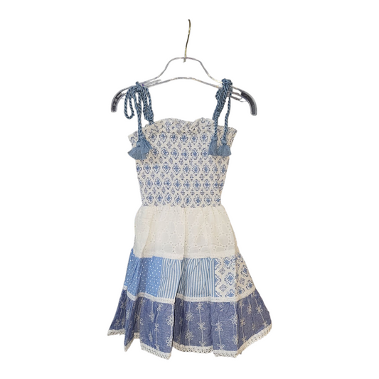 Girls Sleeveless Boho Style Dress- Blue/White- Ages 2 to 4