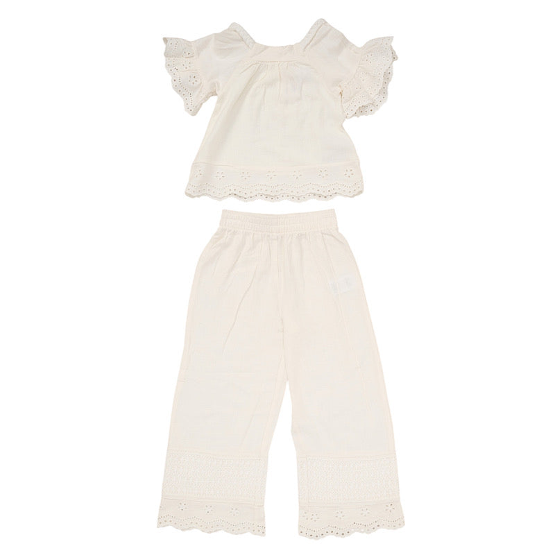 Girls Broderie Anglaise Style Frill Short Sleeve Top Co-ord With Matching Long Trousers Set