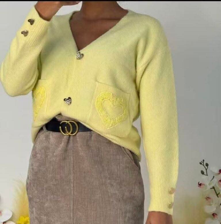 Women's Cardigan With Heart On Pocket With Gold Heart Buttons
