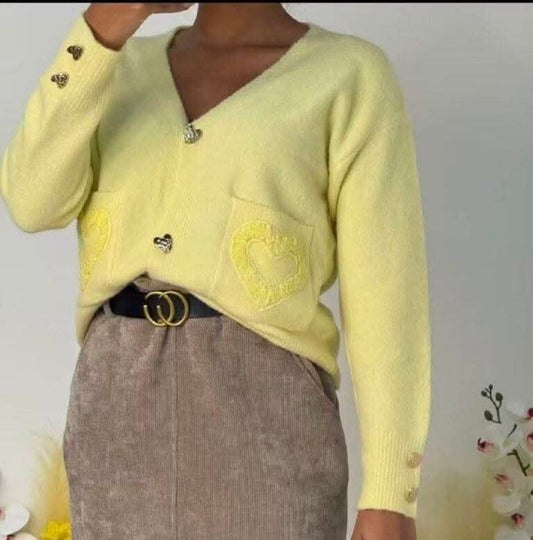 Women's Cardigan With Heart On Pocket With Gold Heart Buttons