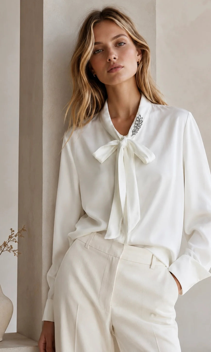 Women's Celine Diamante Detail Pussy Bow Blouse