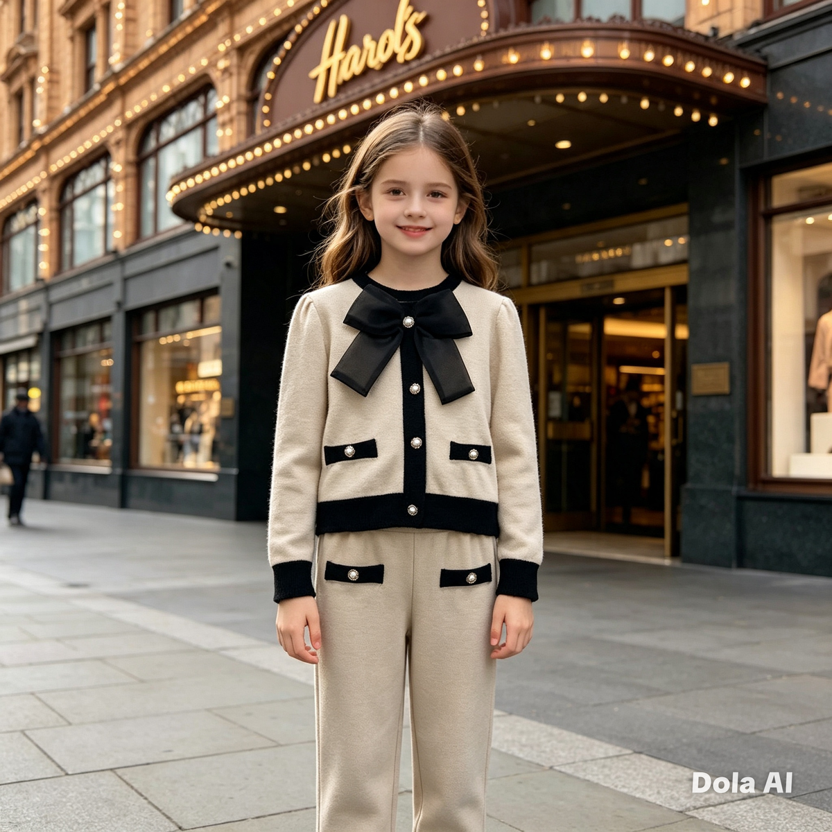 Girl's Beige And Black Tracksuit With Bow Pearl Buttons
