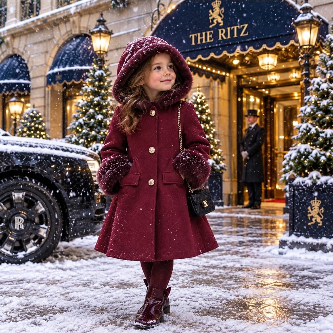 Girl's Burgundy Coat With Fur Cuff And Fur Trim Hood