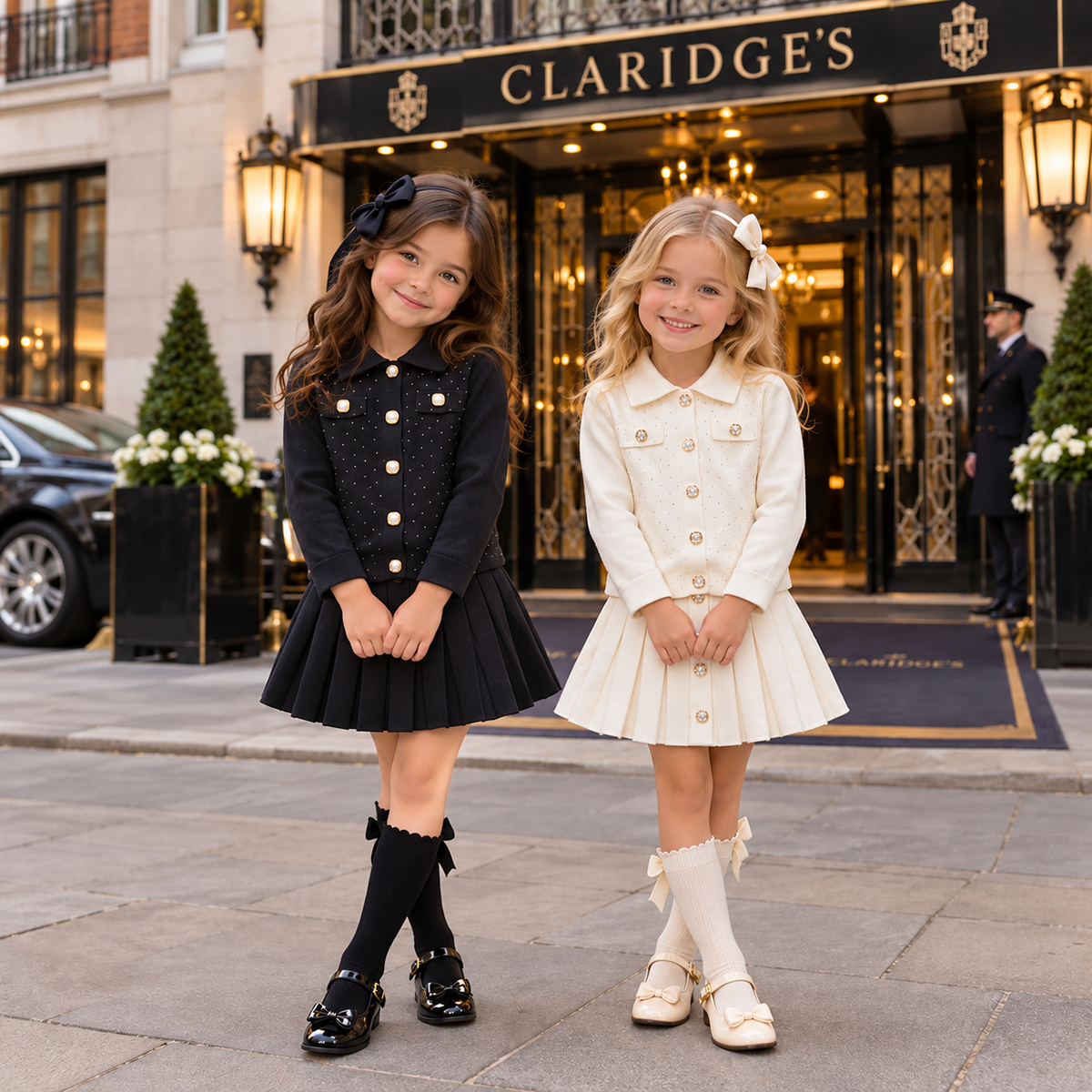 Girl's Cardigan & Skirt Set- Black or Ivory White