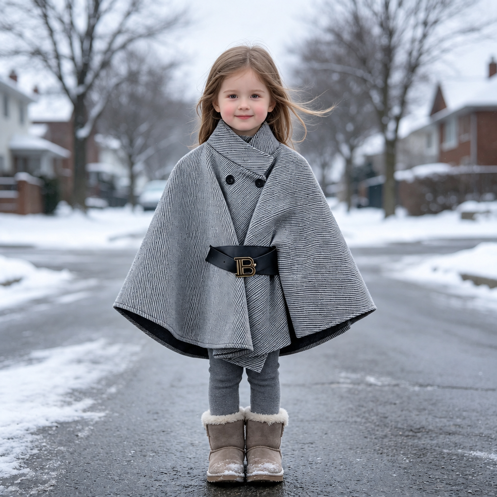 Girl's Grey Woven Pinstripe With B Belt Poncho Cape