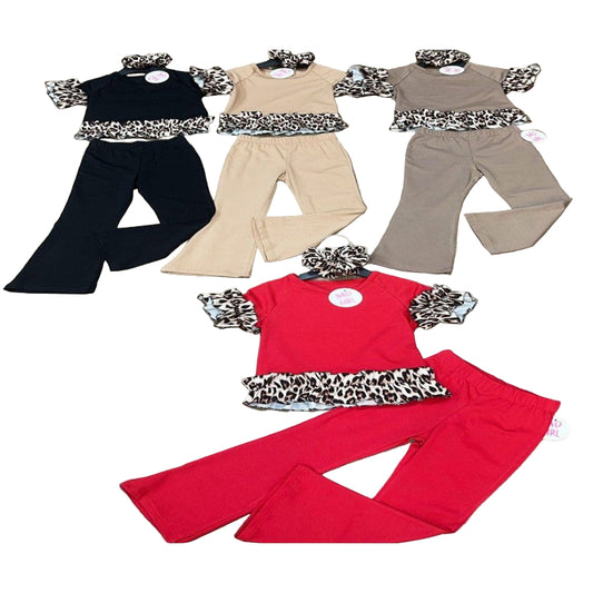 Girls lounge suit with leopard print tops and flared trousers in black, beige, and red.