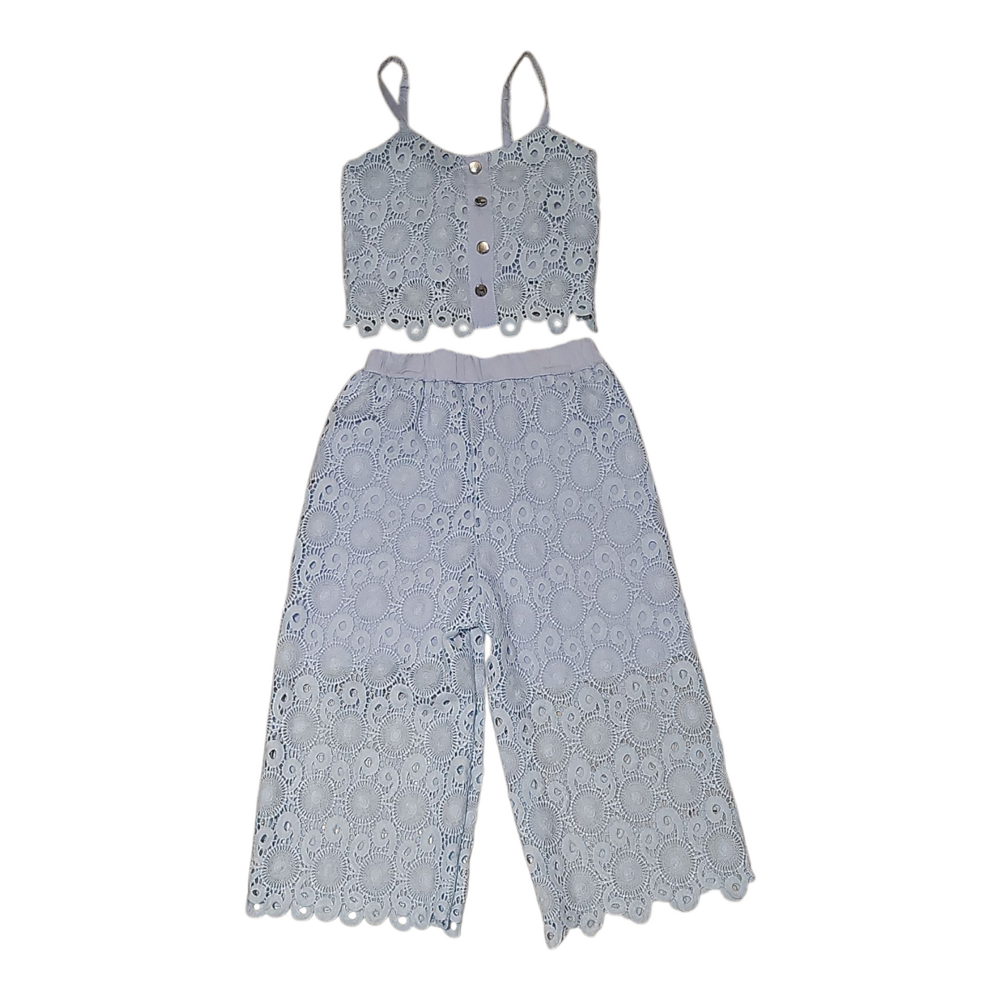 Girls Crochet Thin Strap Top & Matching Crochet Long Trouser Set- Baby Pink or Sky Blue