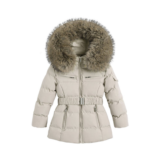Girls Large Faux Fur Trim Hooded Coat- Black or Beige- 4 to 14 Years