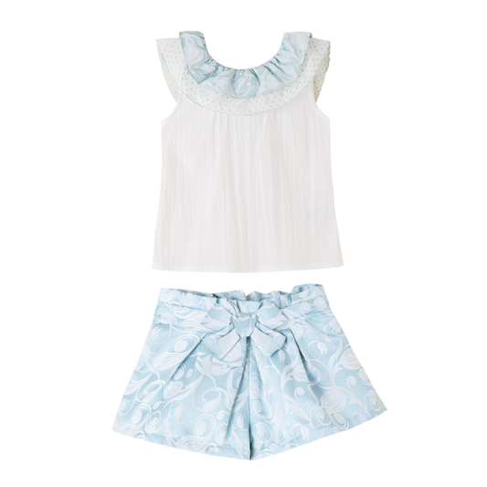 Girls Sleeveless Ruffle Blouse & Shorts Set- White/Blue- Ages 3 to 10 Years
