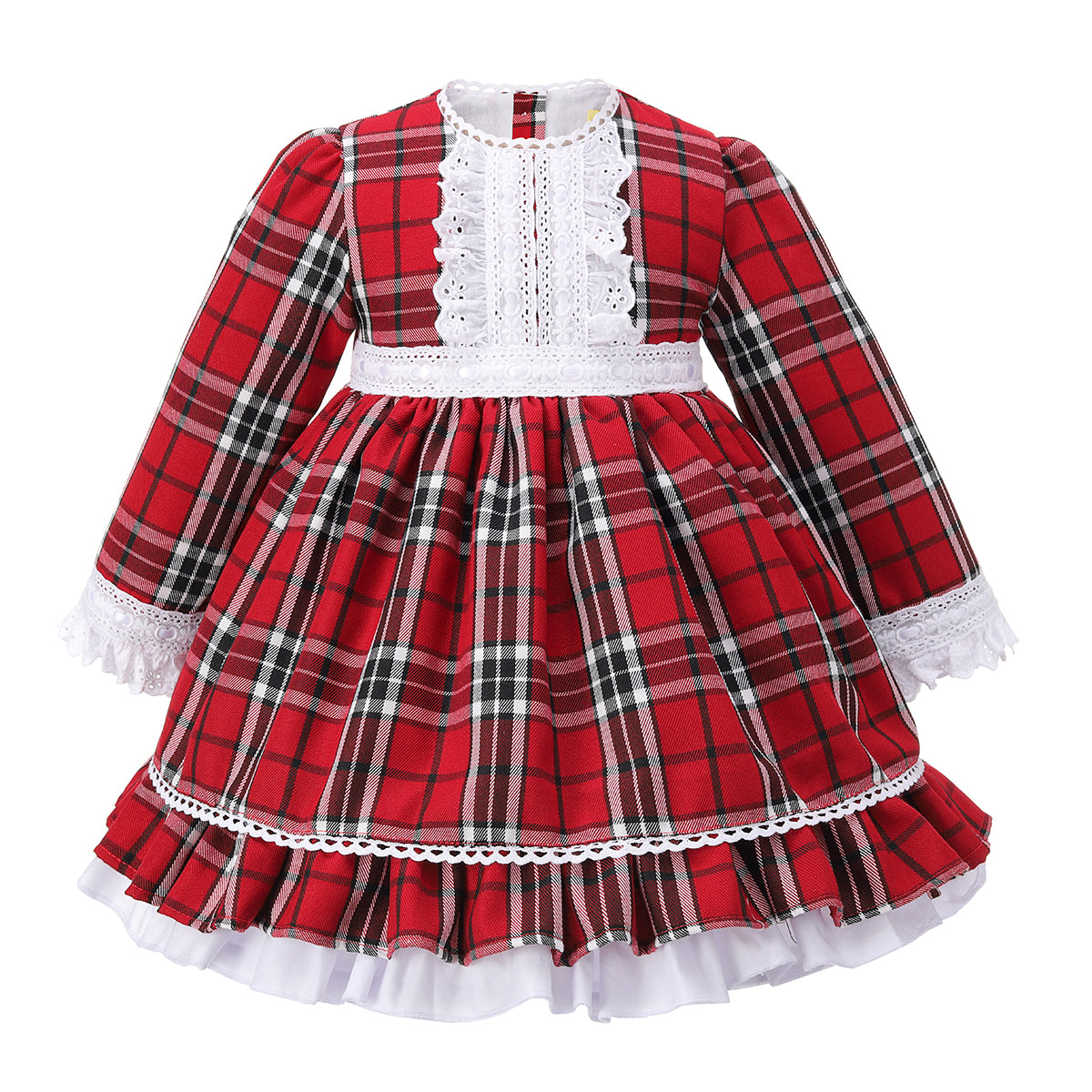 Girls Wine Tartan Laced Spanish Dress & Knicker Set- Ages 0-24 Months