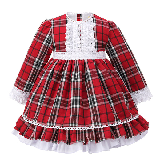 Girls Wine Tartan Laced Spanish Dress & Knicker Set- Ages 0-24 Months