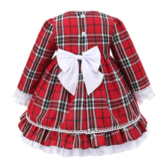 Girls Wine Tartan Laced Spanish Dress & Knicker Set- Ages 0-24 Months