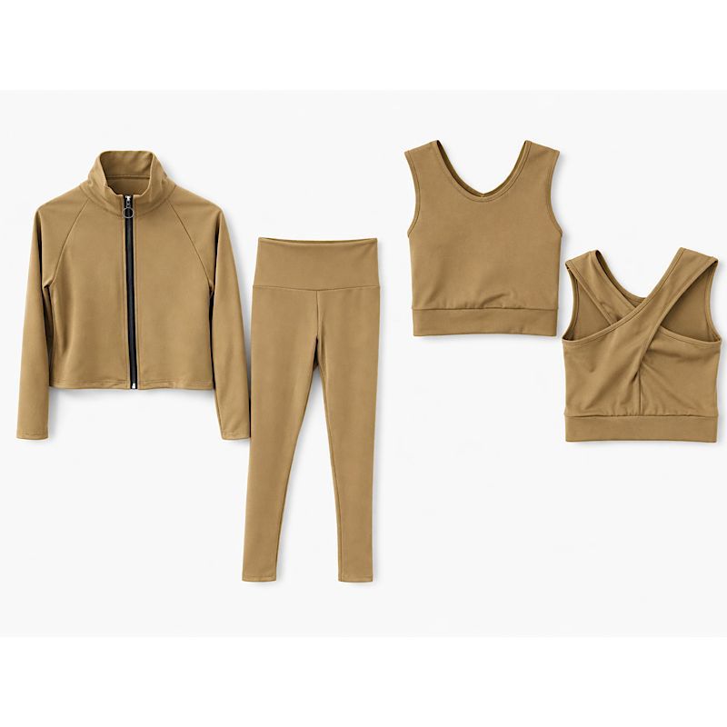 Girls 3pc Gym Set- Includes Vest, Jacket & Trousers dark beige