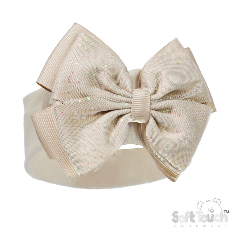 Girls Beige Glitter Bow Headband