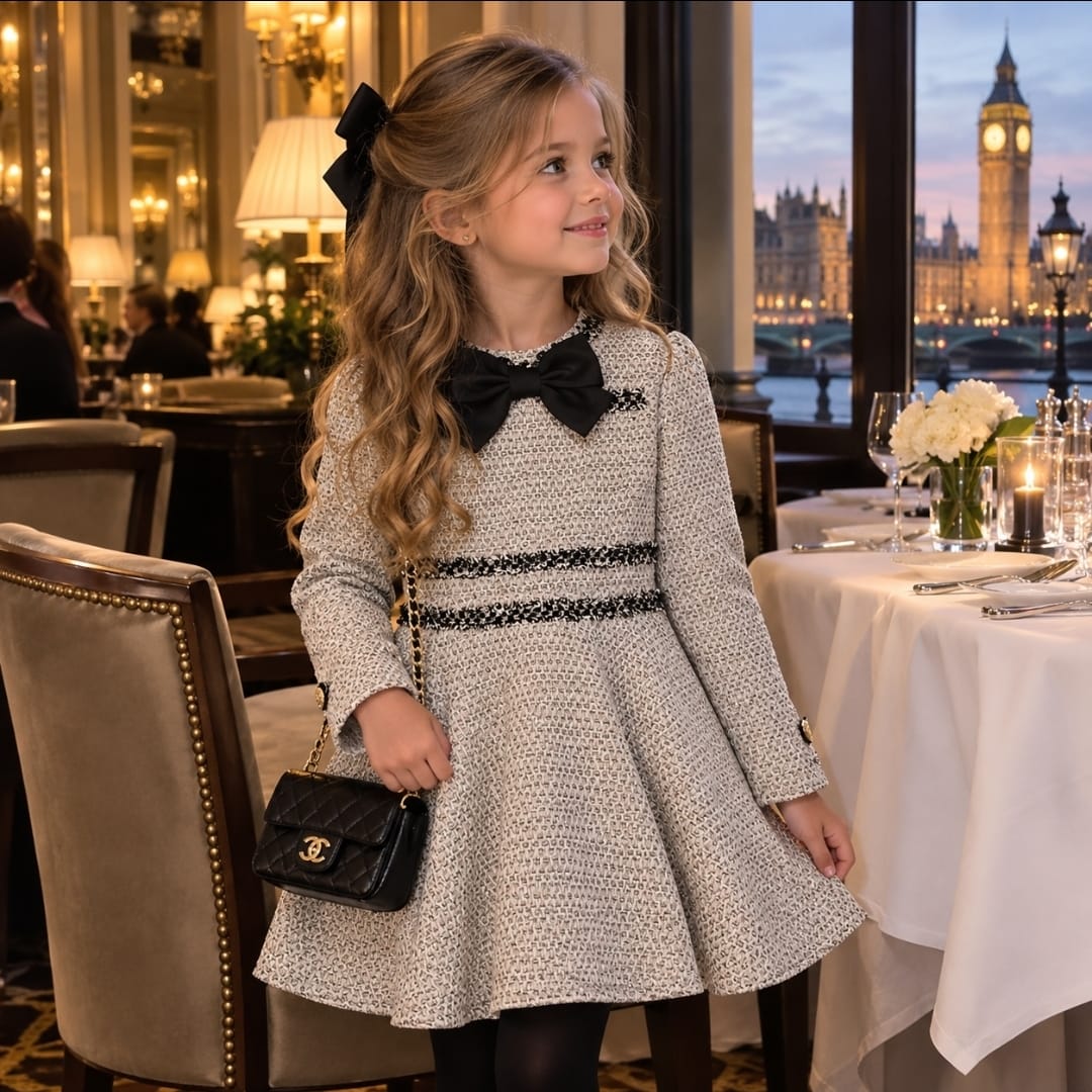 Girls Beige & Grey Tweed Dress With Black Bow & Plaid Trim