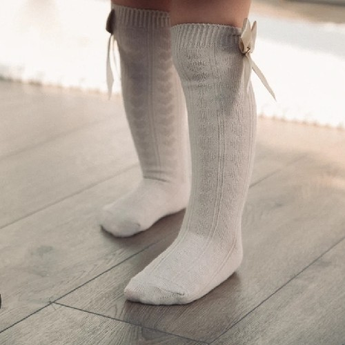 Girls Beige Knee High Socks with gold bow