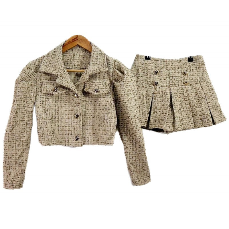 Girls Long Sleeve Tweed Jacket & Skort Set- Beige