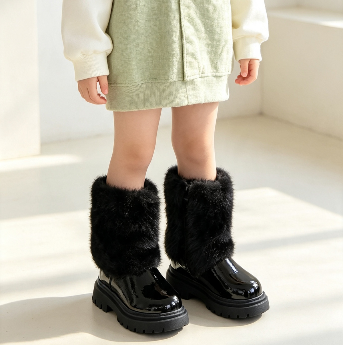 Girls Black Patent Fur Trimmed Zip Up Boots