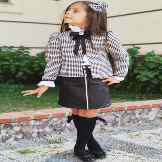 Girls Black/White 5pc Set- Jacket, Faux Leather Skirt, Blouse, Socks & Matching Hair Clip- Ages 3 to 12 Years