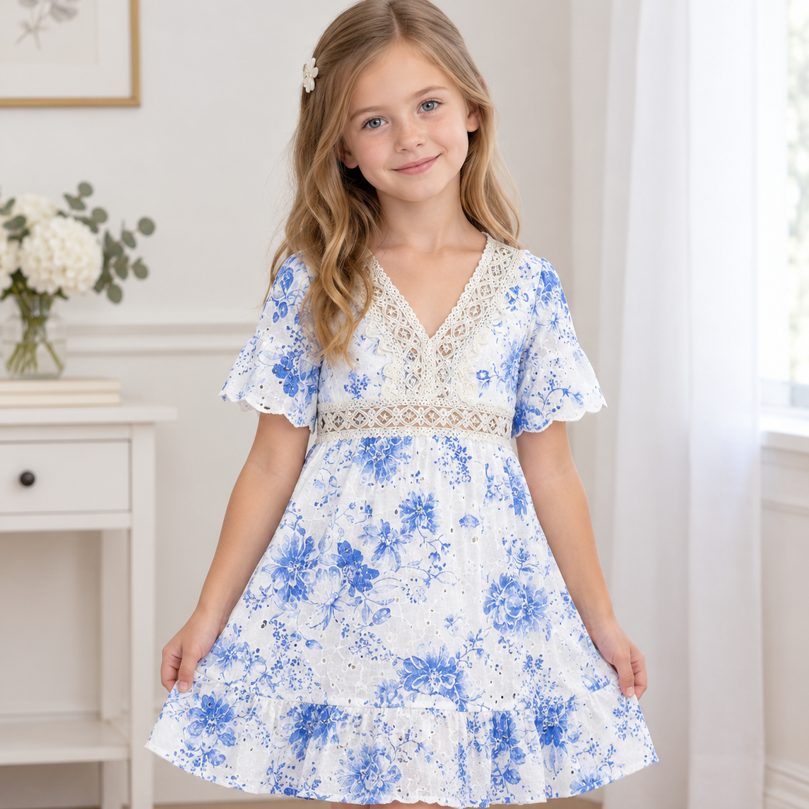 Girls Boho Style Summer Flower Print Dress- Blue