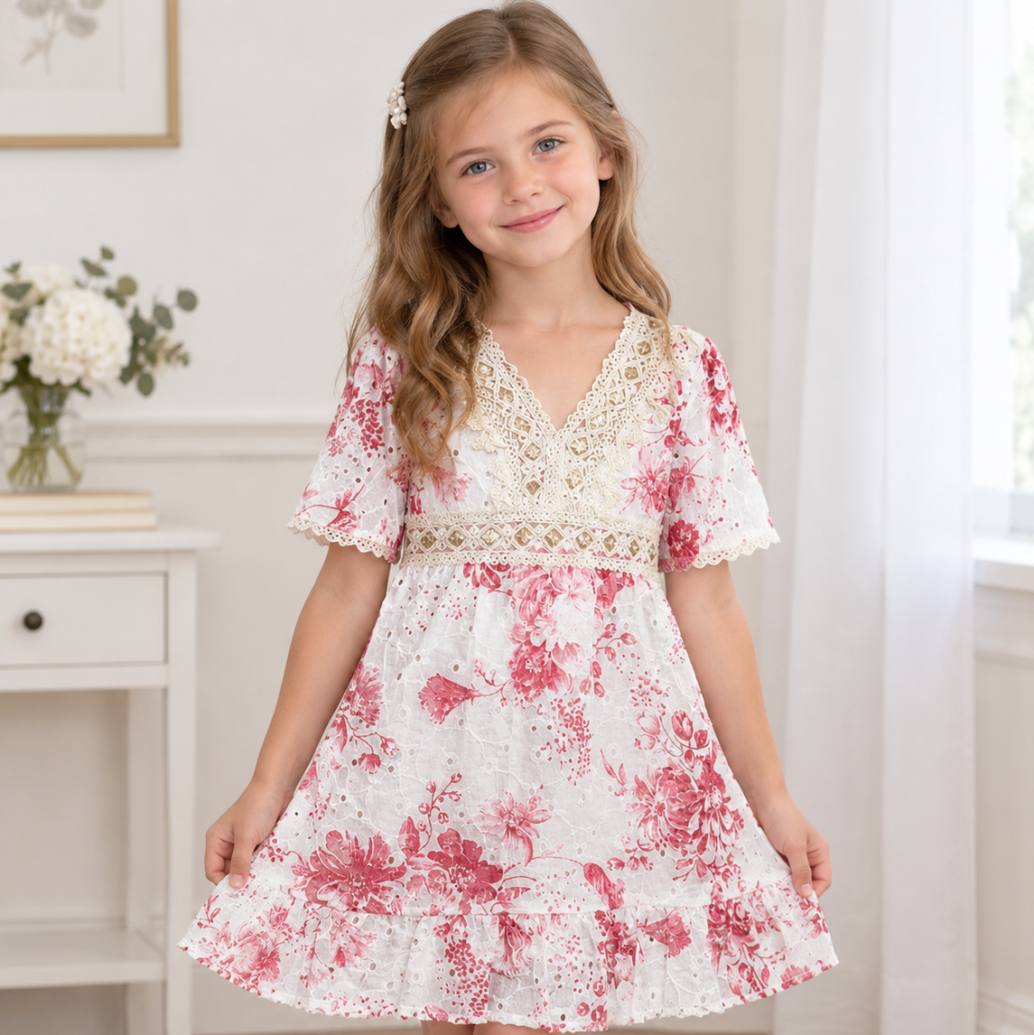 Girls Boho Style Summer Flower Print Dress- Red