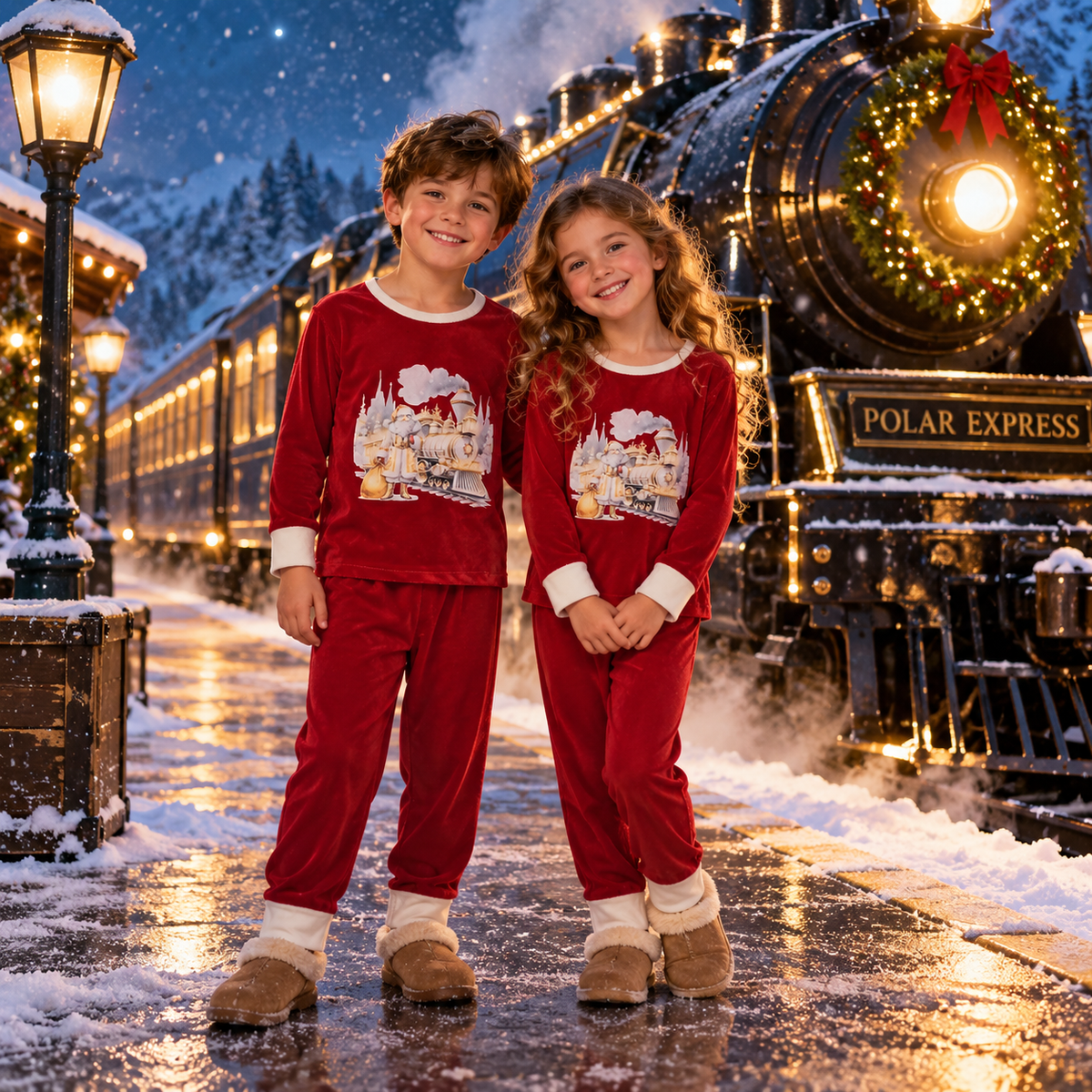 Girls / Boys Red Polar Express Pyjamas with Round Collar