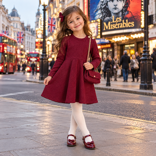 Girls Burgundy Dress Gold Buttoned With Matching Bag- 4 to 14 Years