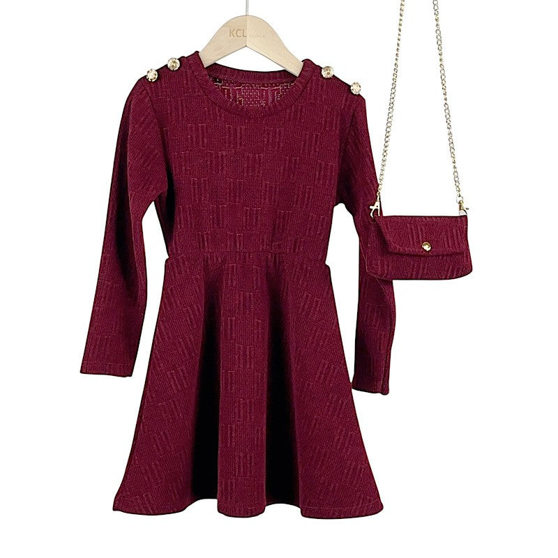 Girls Burgundy Dress Gold Buttoned With Matching Bag 2pc Dress Set- 4-14 Years