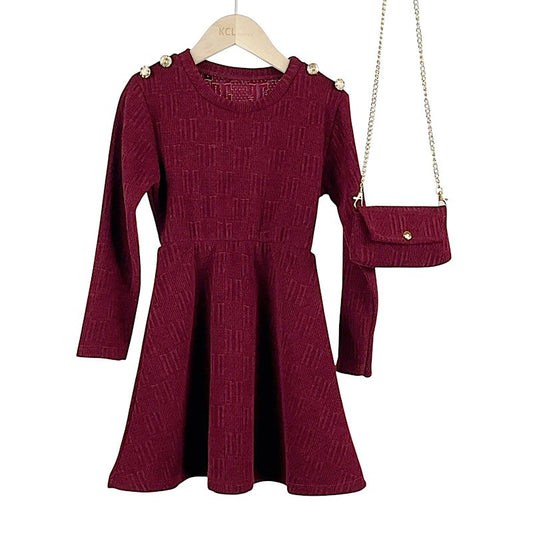 Girls Burgundy Dress Gold Buttoned With Matching Bag 2pc Dress Set- 4-14 Years
